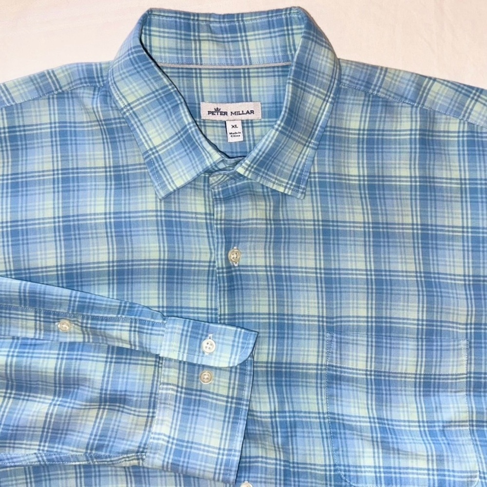 Peter Millar Mens Shirt 100% Cotton Teal Blue Plaid Long Sleeve Button Up Sz XL